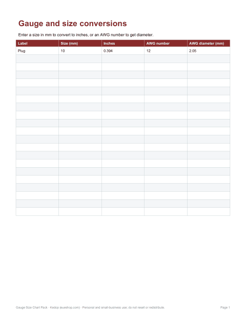 Preview of the first page of Conversion workbook (XLSX)