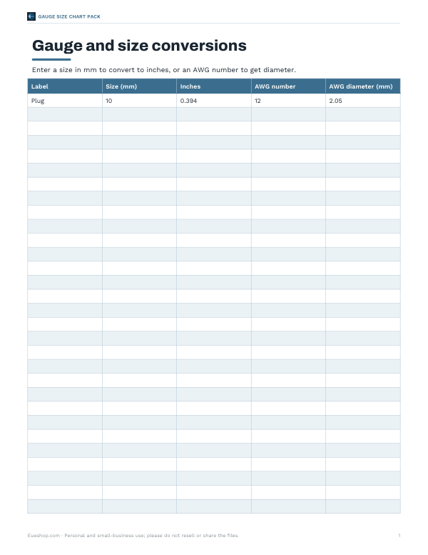 Preview of Printable Gauge Size Conversion Chart