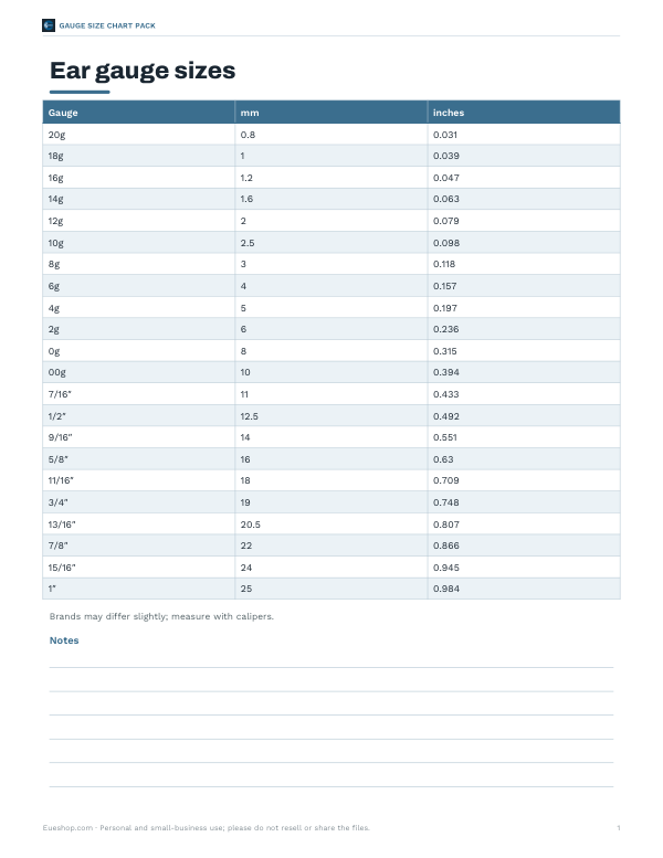 Preview of Printable Ear Gauge Chart